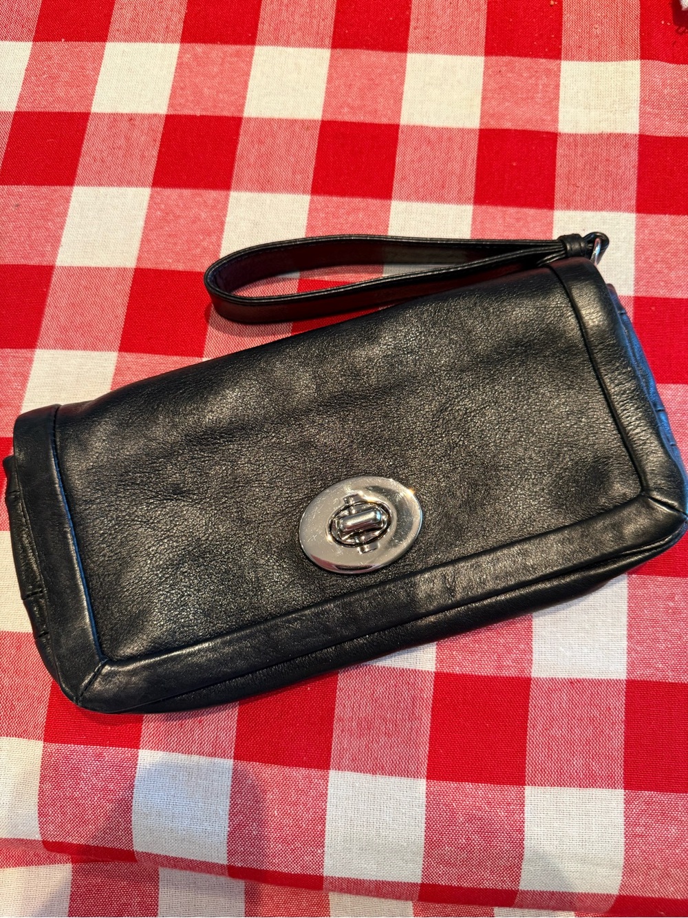 Coach Black Leather Wristlet with Embossed Logo